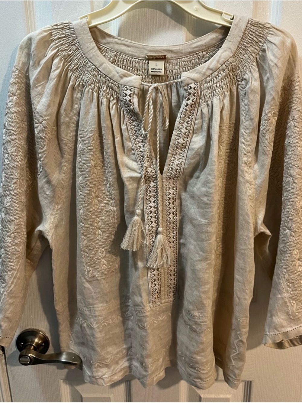Magaschoni Cream Linen Embroidered 3/4 Sleeve Bohemian Tunic Top Size Large.